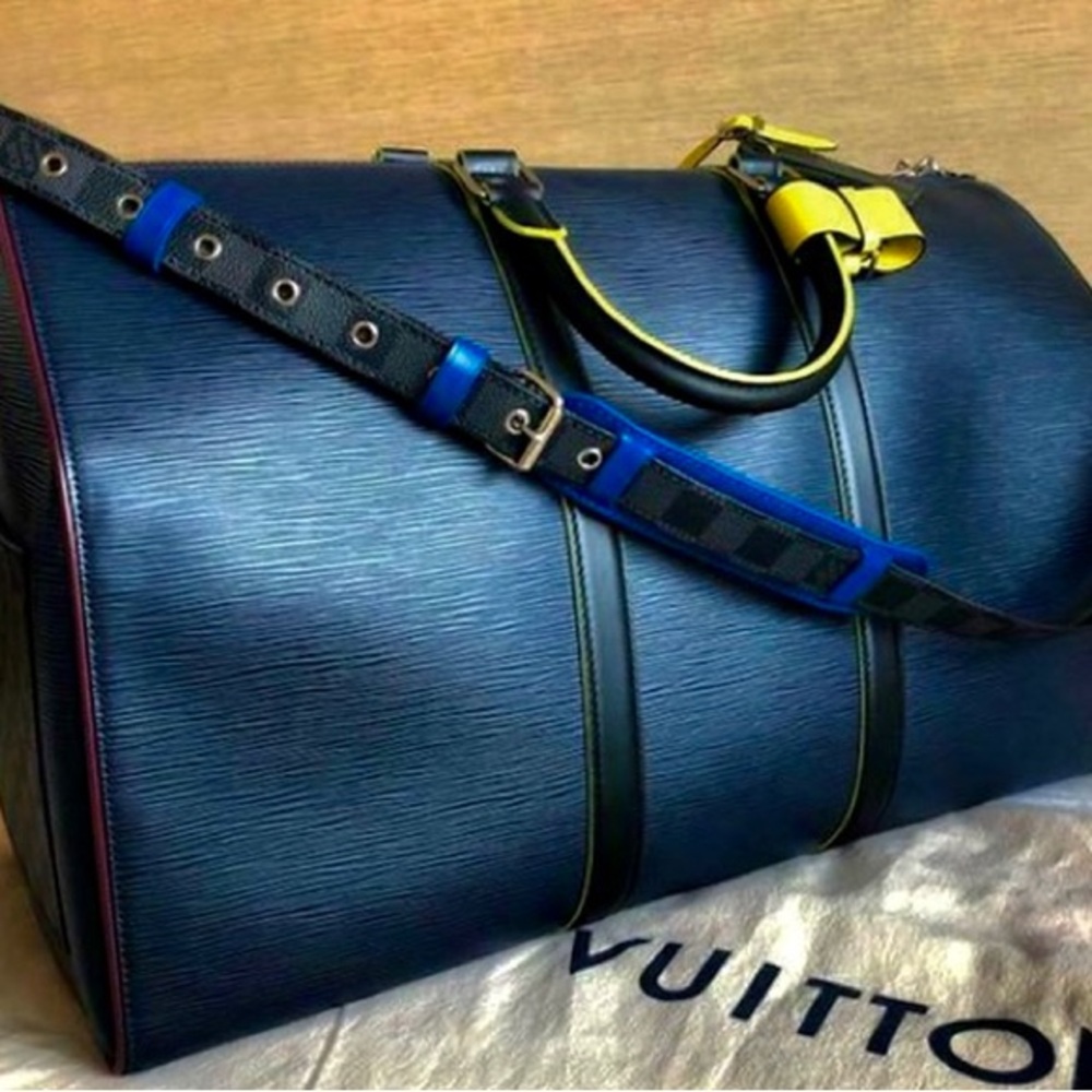 Louis Vuitton Keepall 50 Duffle Travel Bag - Navy Blue with Yellow Trim